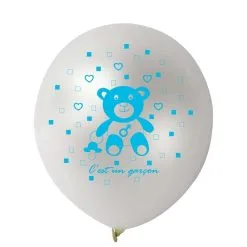 10 BALLONS METAL BLANC NAISSANCE BLEU 28CM