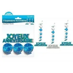 3 SUSPENSIONS ACCORDEONS HOLOGRAMME JOYEUX ANNIVERSAIRE DIFF. COLORIS