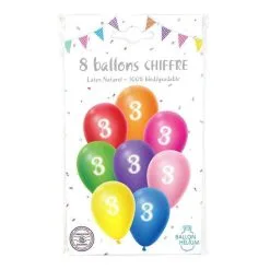 8 Ballons Latex Multicolores Avec Chiffre 3 De 30 Cm
