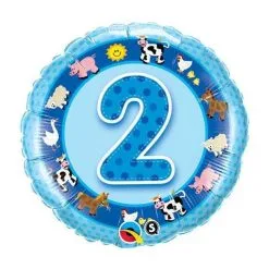 BALLON ALU BLEU CHIFFRE 2 ANIMAUX DE LA FERME 45CM 18" QUALATEX