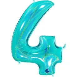 BALLON ALU CHIFFRE 4 BLEU TIFFANY BRILLANT HOLOGRAPHIC 40" 102 CM