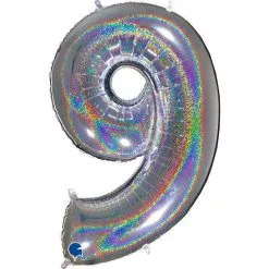 BALLON ALU CHIFFRE 9 ARGENT BRILLANT HOLOGRAPHIC 40" 102 CM