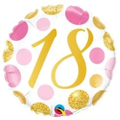 BALLON ALU HAPPY BIRTHDAY "18" POIS ROSE ET OR 45 CM 18" QUALATEX