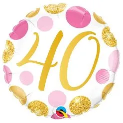 BALLON ALU HAPPY BIRTHDAY "40" POIS ROSE ET OR 45 CM 18" QUALATEX