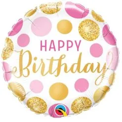 BALLON ALU "HAPPY BIRTHDAY" POIS ROSE ET OR 45 CM 18" QUALATEX