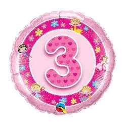BALLON ALU ROSE CHIFFRE 3 FÉES 45CM 18" QUALATEX