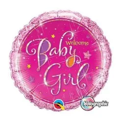 Ballon En Aluminium "Welcome Baby Girl" Holographique 45cm 18" Qualatex®