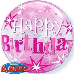 BALLON BUBBLE ETOILES ROSE "HAPPY BIRTHDAY" 56 CM 22" QUALATEX