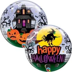 BALLON BUBBLE "HAPPY HALLOWEEN" SORCIÈRE ET MANOIR 56 CM 22" QUALATEX