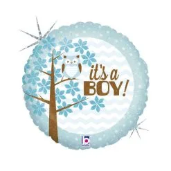 Ballon En Aluminium Holographique Hibou C'est Un Garçon 46 Cm 18" Grabo Balloons®