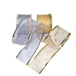 BOITE 24 RLX RUBAN LAITONNE ORGANZA PAILLLETTE 5CMX2.70M OR ARGENT