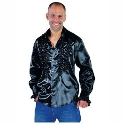 Chemise Luxe Disco Homme Satinée Avec Ruches - Noir