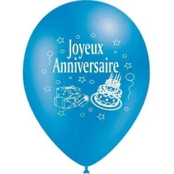 SACHET DE 10 BALLONS LATEX 1 FACE ANNIVERSAIRE BLEU