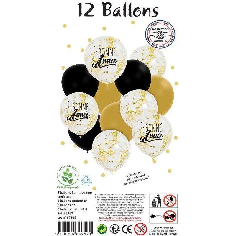 SACHET DE 12 BALLONS (3 BONNE ANNÉE / 3 OR / 3 NOIRS / 3 CONFETTIS) 2 SACHET DE 12 BALLONS (3 BONNE ANNÉE / 3 OR / 3 NOIRS / 3 CONFETTIS) – Image 2
