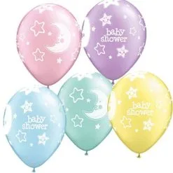 SACHET DE 6 BALLONS BABY SHOWER LUNES ET ÉTOILES 11" QUALATEX