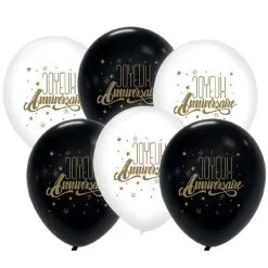 Sachet De 6 Ballons Blancs Et Noirs Joyeux Anniversaire 28 Cm