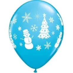 SACHET DE 6 BALLONS BLEUS BONHOMME DE NEIGE ET SAPINS 11" QUALATEX