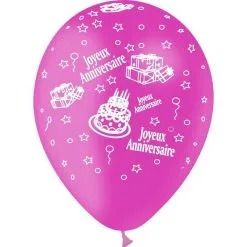 SACHET DE 8 BALLONS LATEX 1 FACE ANNIVERSAIRE FUSCHIA